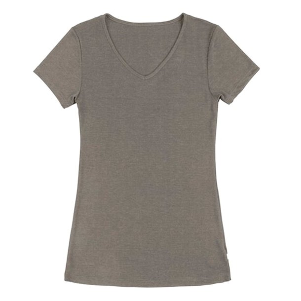 Merinould og silke. Outdoor t-shirt, dame. Sandfarvet. V-hals | Sara JOHA