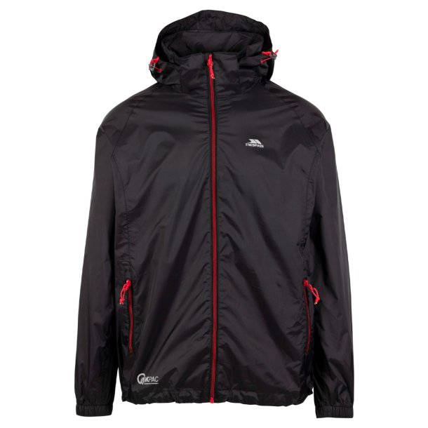 Outdoor regnjakke unisex - sort med rd lynls. I pose | Qikpac Trespass